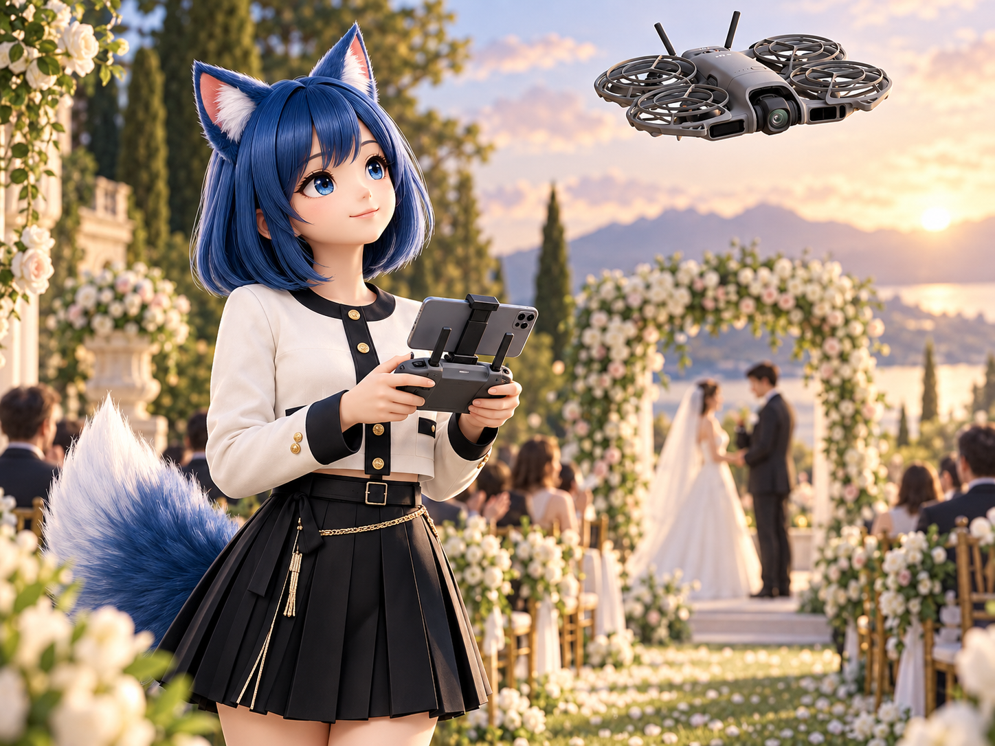 Sune operando um drone durante a filmagem aérea de um casamento